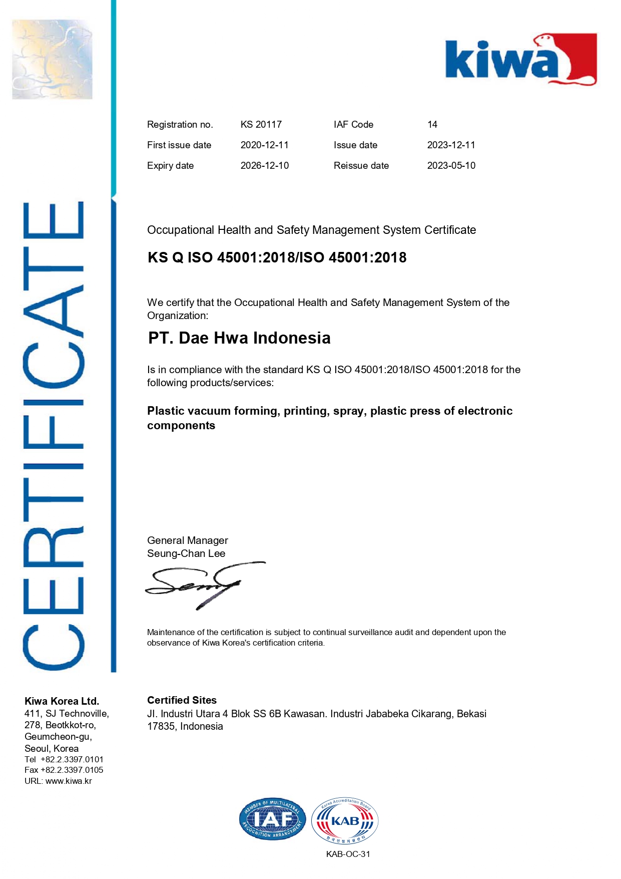 ISO 45001:2018 certificate